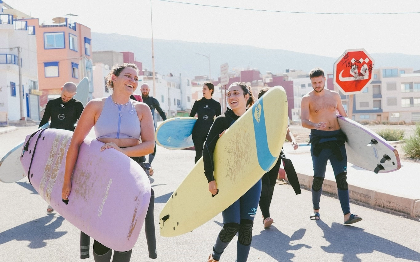 Surfer catching a peeling wave in Imsouane, Morocco
